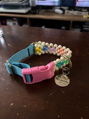 Susan Alexandra Turquoise Nylon Dog Collar with Pink Buckle and Multicolor Beads